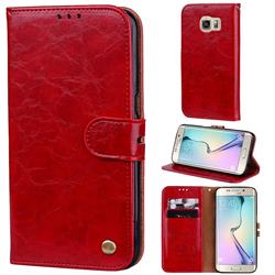 Luxury Retro Oil Wax PU Leather Wallet Phone Case for Samsung Galaxy S6 Edge G925 - Brown Red