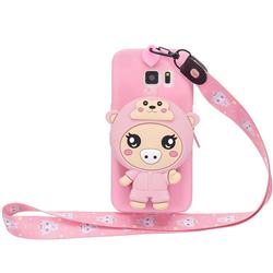 Pink Pig Neck Lanyard Zipper Wallet Silicone Case for Samsung Galaxy S7 G930