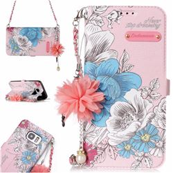 Pink Blue Rose Endeavour Florid Pearl Flower Pendant Metal Strap PU Leather Wallet Case for Samsung Galaxy S7 G930