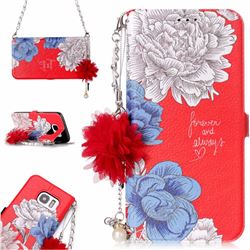 Red Chrysanthemum Endeavour Florid Pearl Flower Pendant Metal Strap PU Leather Wallet Case for Samsung Galaxy S7 G930