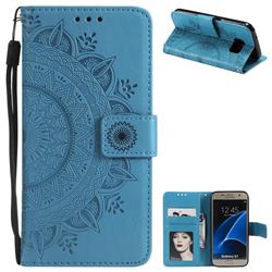 Intricate Embossing Datura Leather Wallet Case for Samsung Galaxy S7 G930 - Blue