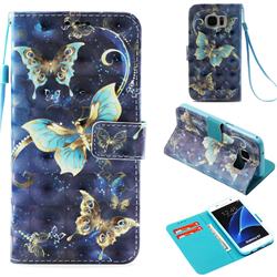 Three Butterflies 3D Painted Leather Wallet Case for Samsung Galaxy S7 G930
