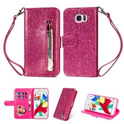 Glitter Shine Leather Zipper Wallet Phone Case for Samsung Galaxy S7 G930 - Rose