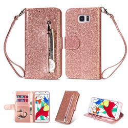 Glitter Shine Leather Zipper Wallet Phone Case for Samsung Galaxy S7 G930 - Pink