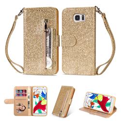 Glitter Shine Leather Zipper Wallet Phone Case for Samsung Galaxy S7 G930 - Gold