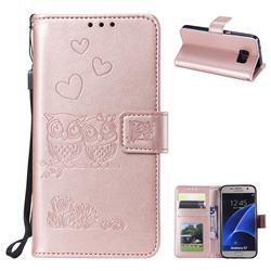Embossing Owl Couple Flower Leather Wallet Case for Samsung Galaxy S7 G930 - Rose Gold