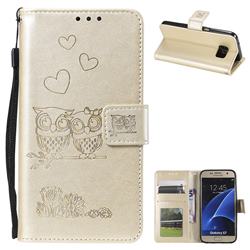 Embossing Owl Couple Flower Leather Wallet Case for Samsung Galaxy S7 G930 - Golden