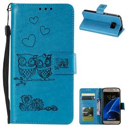 Embossing Owl Couple Flower Leather Wallet Case for Samsung Galaxy S7 G930 - Blue