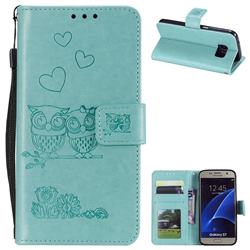 Embossing Owl Couple Flower Leather Wallet Case for Samsung Galaxy S7 G930 - Green