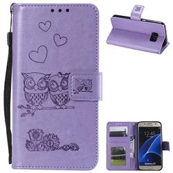 Embossing Owl Couple Flower Leather Wallet Case for Samsung Galaxy S7 G930 - Purple