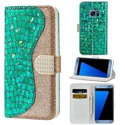 Glitter Diamond Buckle Laser Stitching Leather Wallet Phone Case for Samsung Galaxy S7 G930 - Green