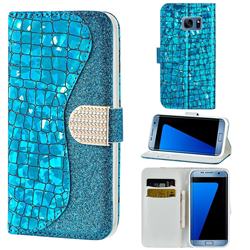 Glitter Diamond Buckle Laser Stitching Leather Wallet Phone Case for Samsung Galaxy S7 G930 - Blue