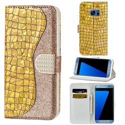 Glitter Diamond Buckle Laser Stitching Leather Wallet Phone Case for Samsung Galaxy S7 G930 - Gold