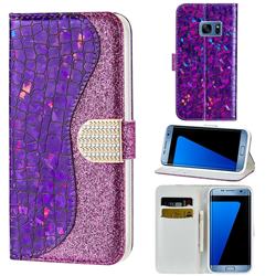 Glitter Diamond Buckle Laser Stitching Leather Wallet Phone Case for Samsung Galaxy S7 G930 - Purple