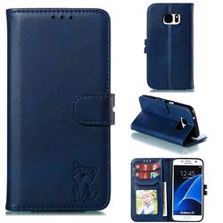 Embossing Happy Cat Leather Wallet Case for Samsung Galaxy S7 G930 - Blue