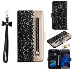 Luxury Lace Zipper Stitching Leather Phone Wallet Case for Samsung Galaxy S7 G930 - Black
