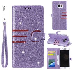 Retro Stitching Glitter Leather Wallet Phone Case for Samsung Galaxy S7 G930 - Purple