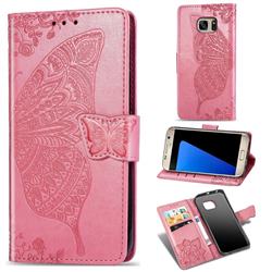 Embossing Mandala Flower Butterfly Leather Wallet Case for Samsung Galaxy S7 G930 - Pink