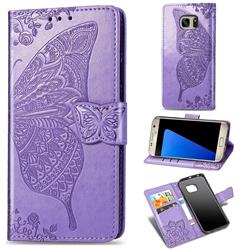 Embossing Mandala Flower Butterfly Leather Wallet Case for Samsung Galaxy S7 G930 - Light Purple