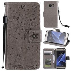 Embossing Cherry Blossom Cat Leather Wallet Case for Samsung Galaxy S7 G930 - Gray