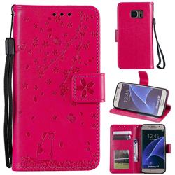 Embossing Cherry Blossom Cat Leather Wallet Case for Samsung Galaxy S7 G930 - Rose