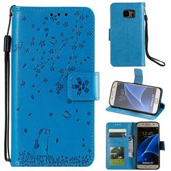 Embossing Cherry Blossom Cat Leather Wallet Case for Samsung Galaxy S7 G930 - Blue