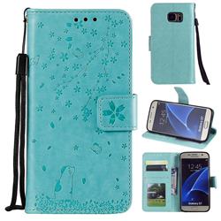 Embossing Cherry Blossom Cat Leather Wallet Case for Samsung Galaxy S7 G930 - Green
