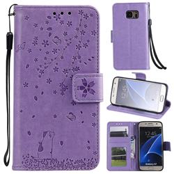 Embossing Cherry Blossom Cat Leather Wallet Case for Samsung Galaxy S7 G930 - Purple