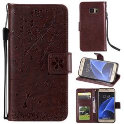 Embossing Cherry Blossom Cat Leather Wallet Case for Samsung Galaxy S7 G930 - Brown