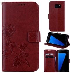 Embossing Rose Flower Leather Wallet Case for Samsung Galaxy S7 G930 - Brown