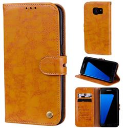 Luxury Retro Oil Wax PU Leather Wallet Phone Case for Samsung Galaxy S7 G930 - Orange Yellow