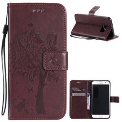 Embossing Butterfly Tree Leather Wallet Case for Samsung Galaxy S7 Edge - Coffee