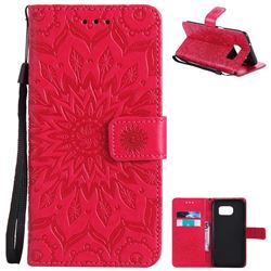 Embossing Sunflower Leather Wallet Case for Samsung Galaxy S7 Edge s7edge - Red