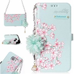 Cherry Blossoms Endeavour Florid Pearl Flower Pendant Metal Strap PU Leather Wallet Case for Samsung Galaxy S7 Edge s7edge