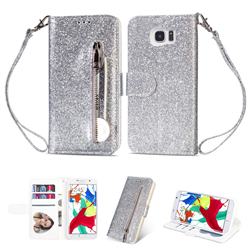 Glitter Shine Leather Zipper Wallet Phone Case for Samsung Galaxy S7 Edge s7edge - Silver