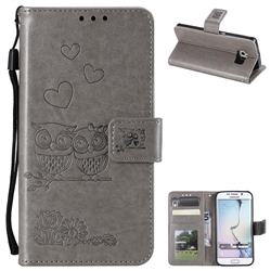 Embossing Owl Couple Flower Leather Wallet Case for Samsung Galaxy S7 Edge s7edge - Gray