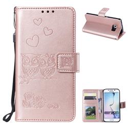 Embossing Owl Couple Flower Leather Wallet Case for Samsung Galaxy S7 Edge s7edge - Rose Gold