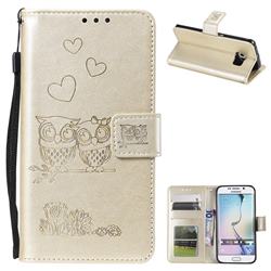 Embossing Owl Couple Flower Leather Wallet Case for Samsung Galaxy S7 Edge s7edge - Golden