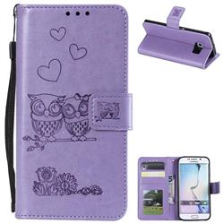 Embossing Owl Couple Flower Leather Wallet Case for Samsung Galaxy S7 Edge s7edge - Purple