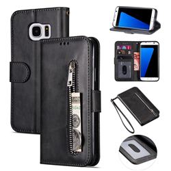Retro Calfskin Zipper Leather Wallet Case Cover for Samsung Galaxy S7 Edge s7edge - Black