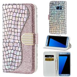 Glitter Diamond Buckle Laser Stitching Leather Wallet Phone Case for Samsung Galaxy S7 Edge s7edge - Pink