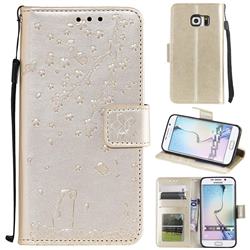 Embossing Cherry Blossom Cat Leather Wallet Case for Samsung Galaxy S7 Edge s7edge - Golden