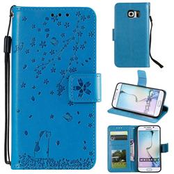 Embossing Cherry Blossom Cat Leather Wallet Case for Samsung Galaxy S7 Edge s7edge - Blue