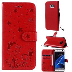 Embossing Bee and Cat Leather Wallet Case for Samsung Galaxy S7 Edge s7edge - Red