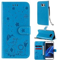 Embossing Bee and Cat Leather Wallet Case for Samsung Galaxy S7 Edge s7edge - Blue