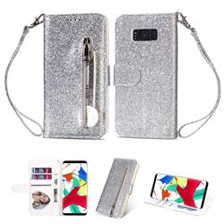 Glitter Shine Leather Zipper Wallet Phone Case for Samsung Galaxy S8 - Silver