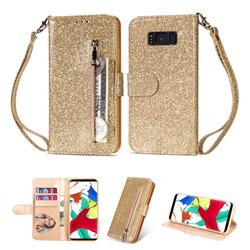 Glitter Shine Leather Zipper Wallet Phone Case for Samsung Galaxy S8 - Gold