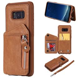 Classic Luxury Buckle Zipper Anti-fall Leather Phone Back Cover for Samsung Galaxy S8 - Brown