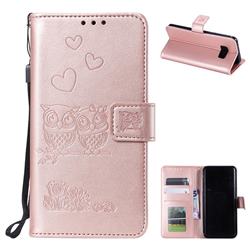 Embossing Owl Couple Flower Leather Wallet Case for Samsung Galaxy S8 - Rose Gold