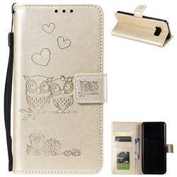 Embossing Owl Couple Flower Leather Wallet Case for Samsung Galaxy S8 - Golden